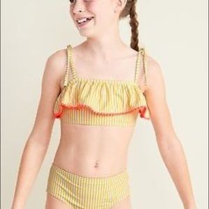 NWOT Old Navy Yellow Stripe and Coral Pom-Pom Bikini Top